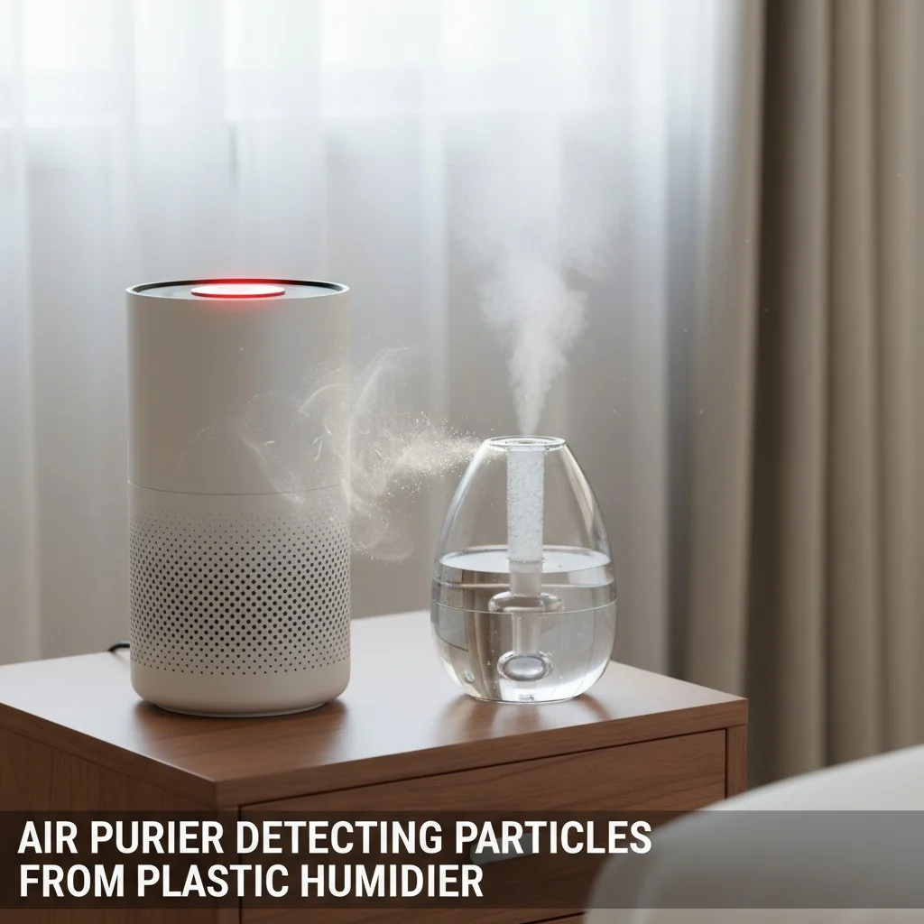 An air purifier with its indicator light turned red, placed next to a plastic humidifier.