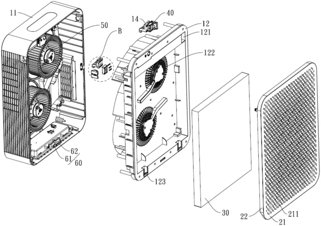 Exploded diagram of an air purifier showing internal components such as fans, filters, and housing parts.