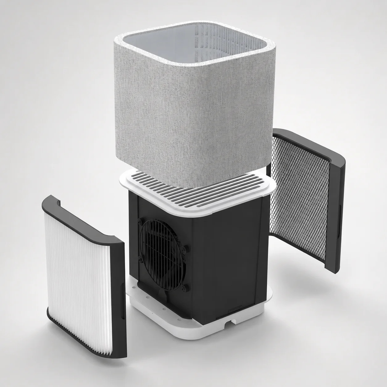 Air purifier exploded view showing filter cartridge and internal layers