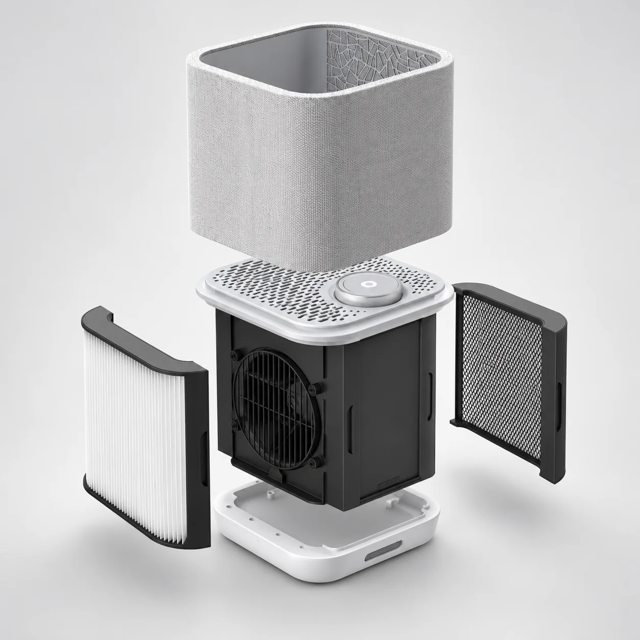 Air purifier exploded view showing filter cartridge and internal layers