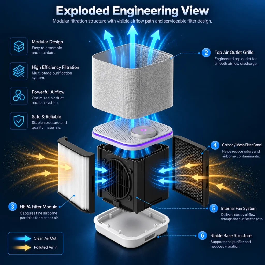 Exploded engineering view of a modular air purifier showing its components, including HEPA filter, carbon filter, fan system, and base structure.