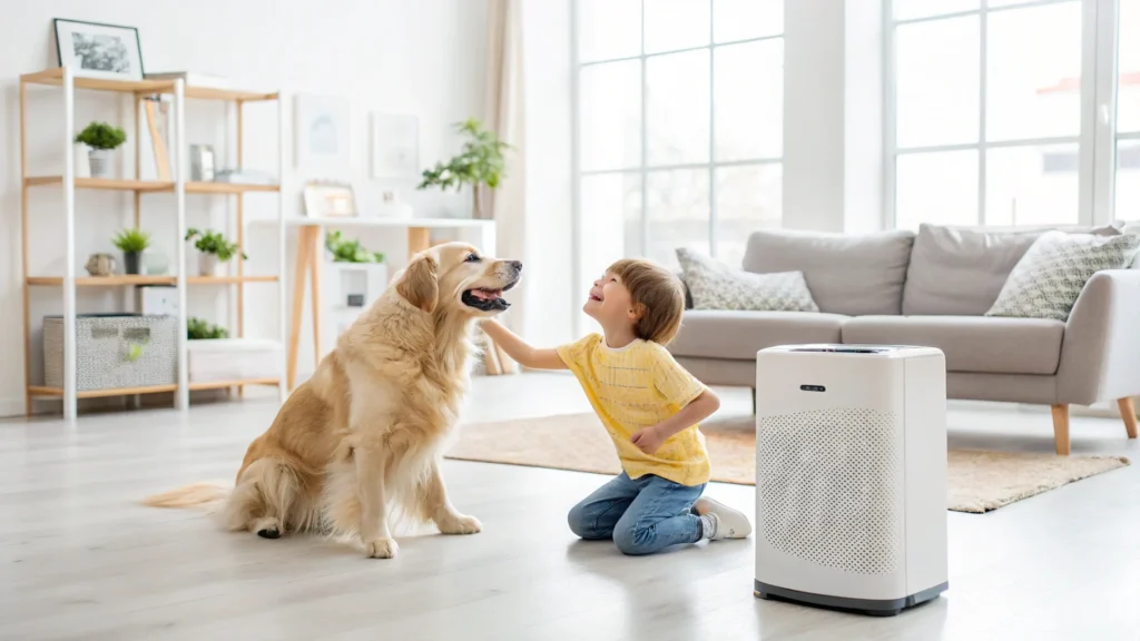 A happy child playing with a golden retriever in a clean living room, with an air purifier visible in the corner.