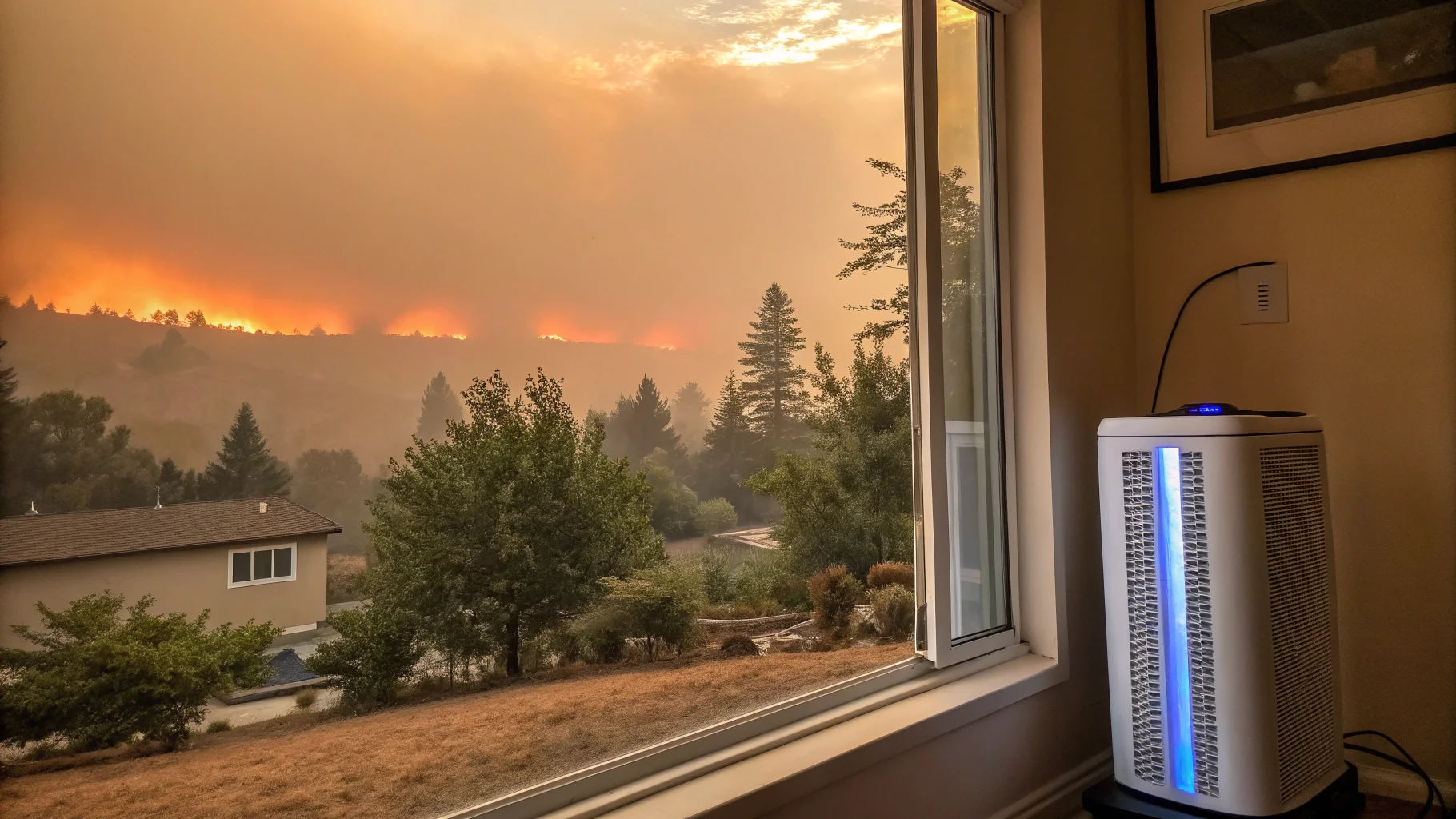A hazy, orange sky from wildfire smoke seen through a window, with a powerful air purifier running inside the room.
