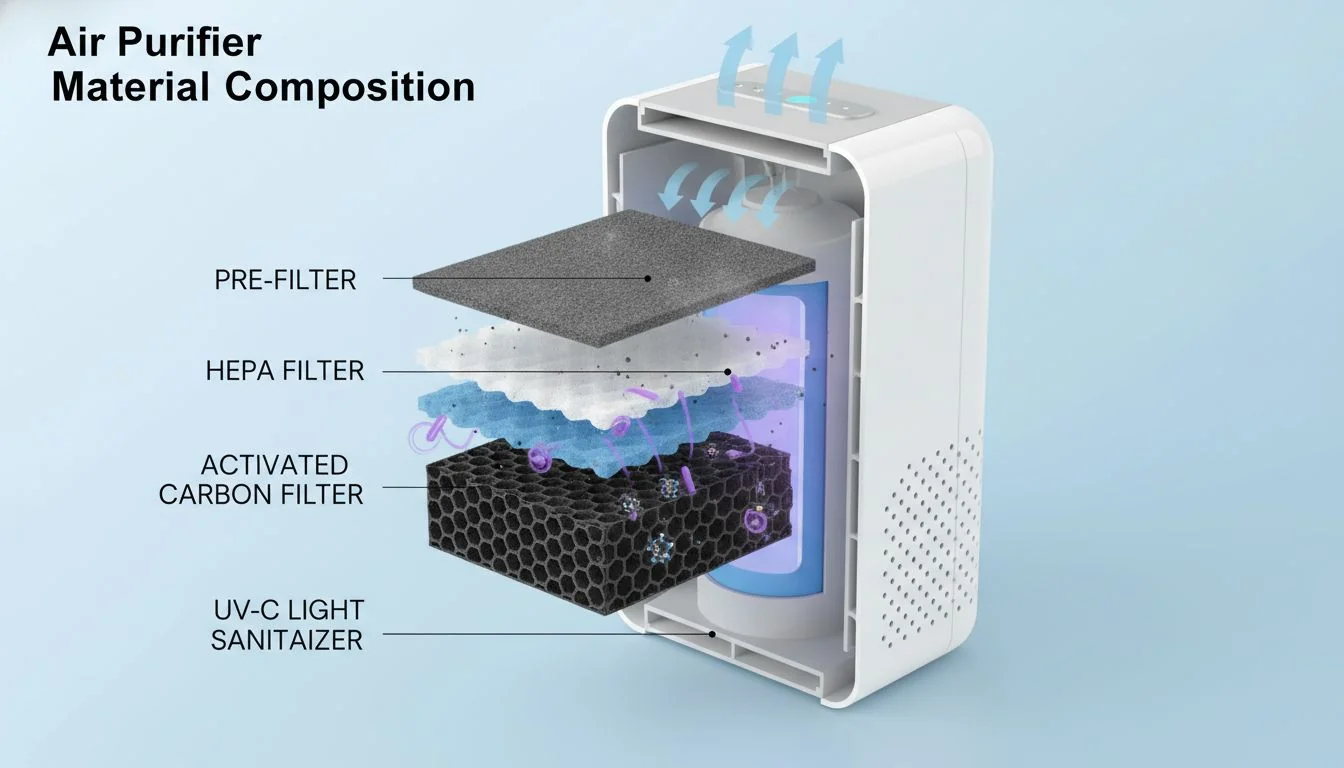 Air Purifier Material Composition A diagram showing the different material layers of an air purifier