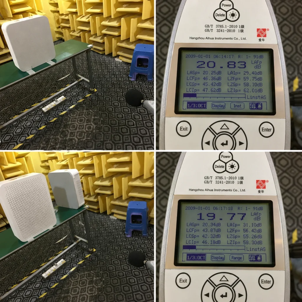 An air purifier undergoing noise level testing in an anechoic room, with measurement displayed on a Hangzhou Aihua Instruments device.