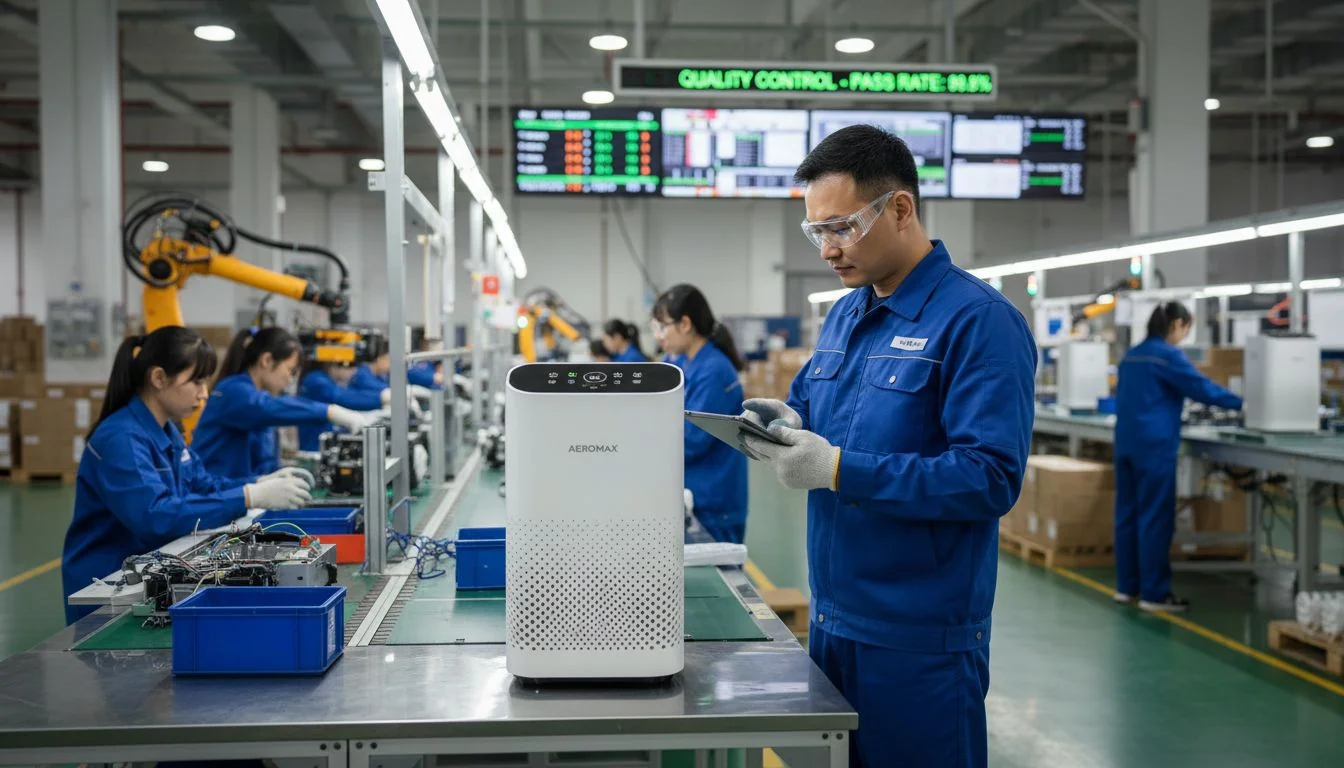A factory worker inspecting a newly produced air purifier on a quality control checklist.