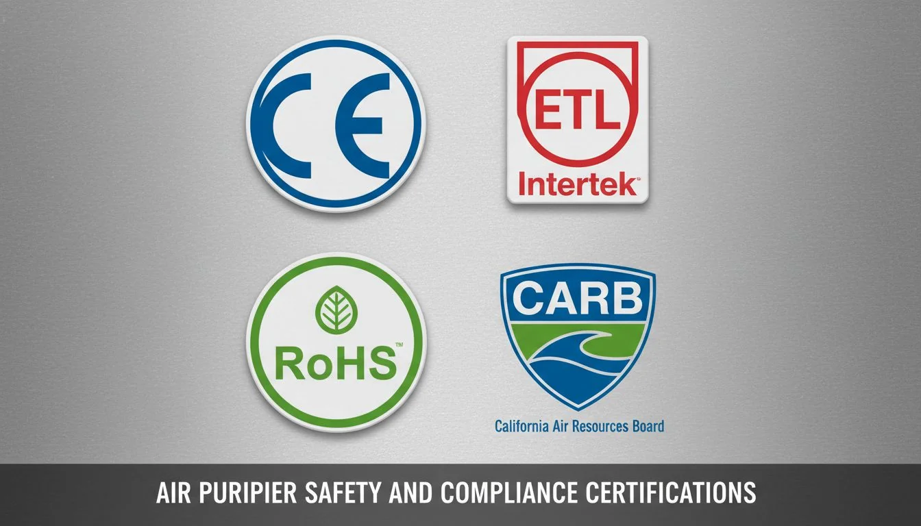 A collage of certification logos like CE, ETL, RoHS, and CARB.