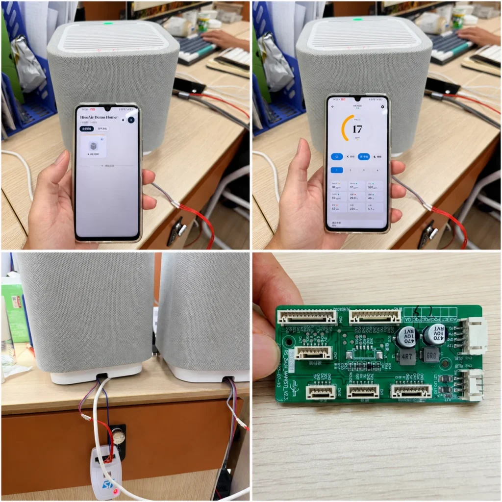 Smart air purifier connected to a smartphone for control, showcasing features and integration with circuit board details.