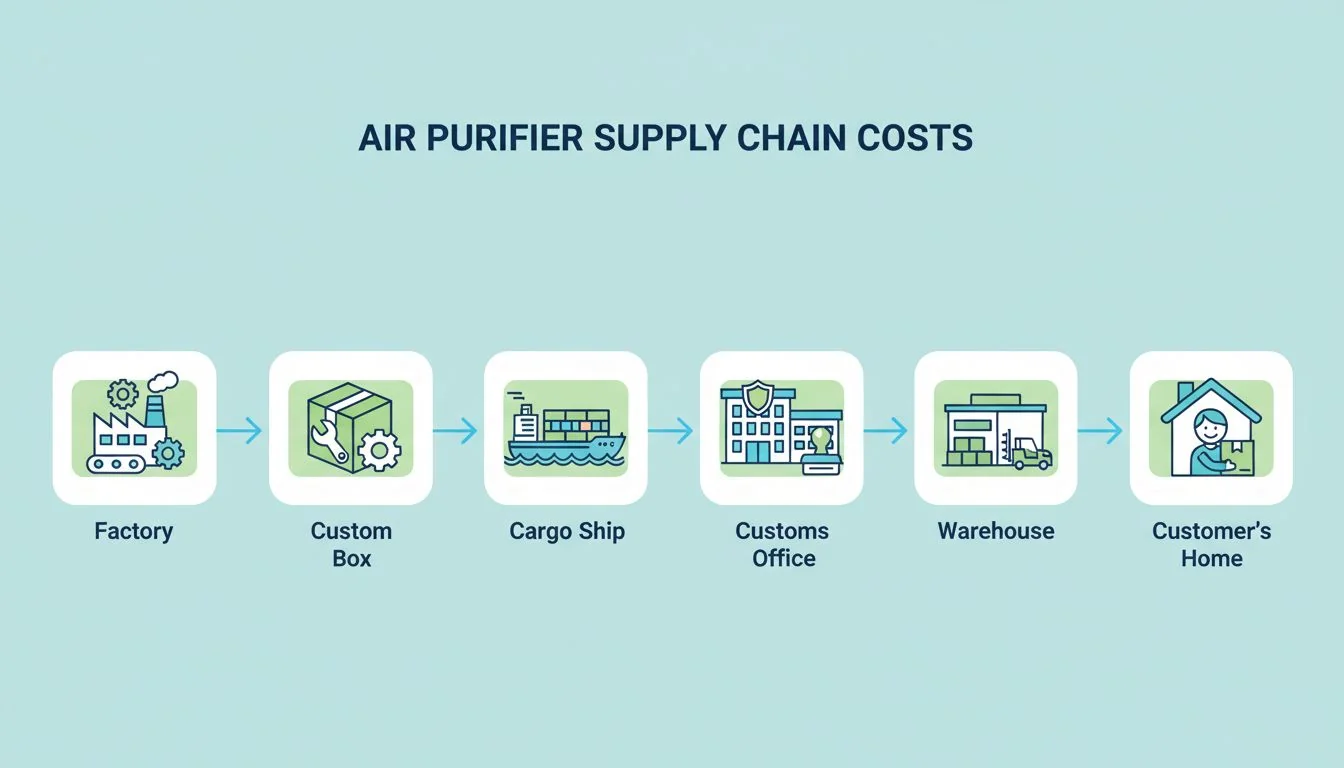 A simple flowchart graphic showing icons for: Factory -> Custom Box -> Cargo Ship -> Customs Office -> Warehouse -> Customer's Home.