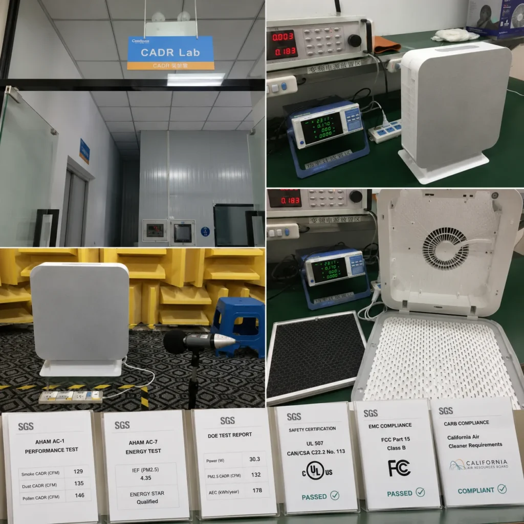 Collage showcasing an air purifier in a testing lab with measuring equipment, filters, and performance/compliance certifications.