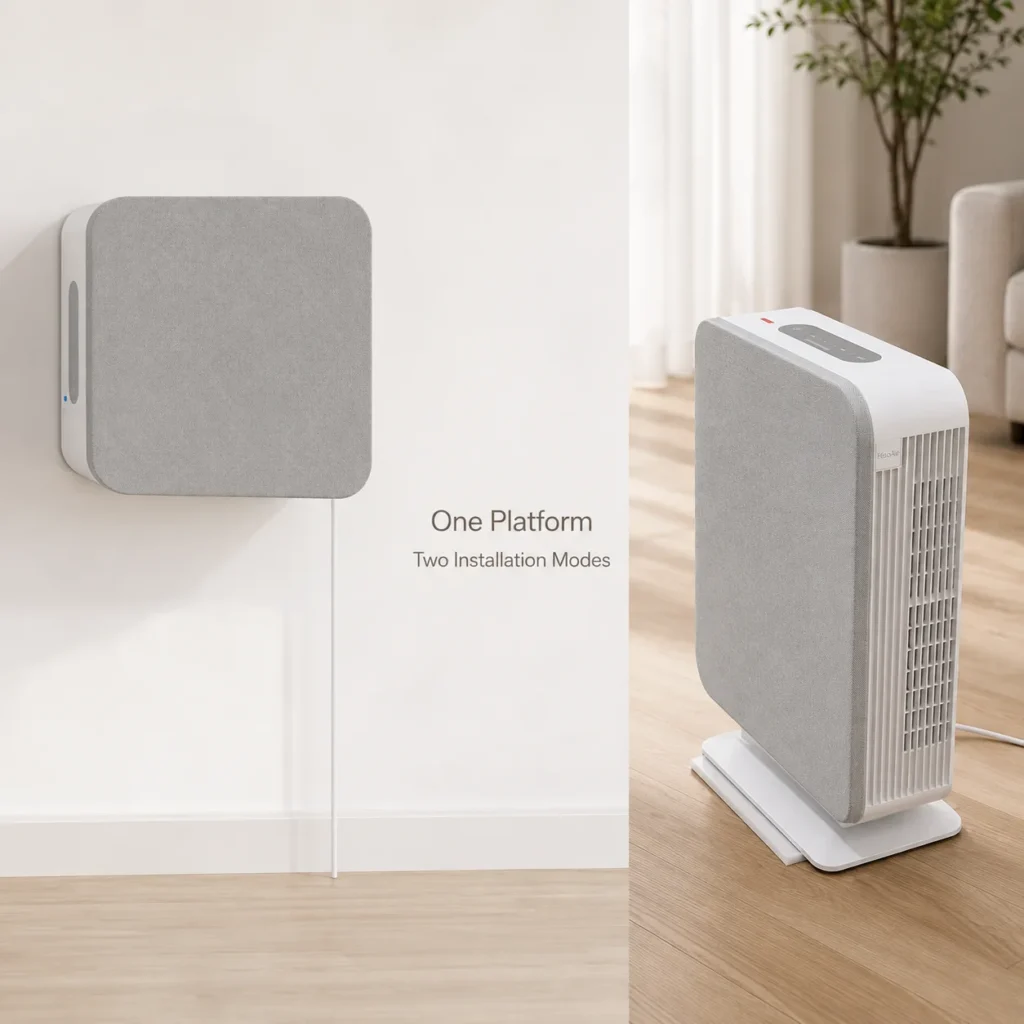 Air purifier showing two installation modes: wall-mounted and freestanding, in a modern home setting.