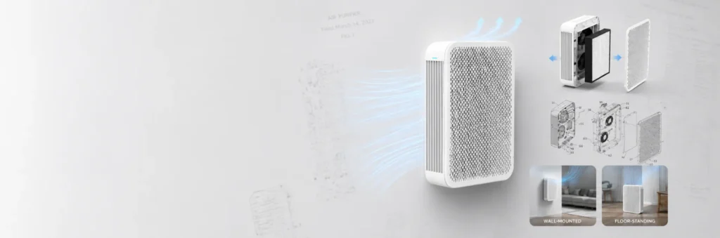 A modern air purifier with a sleek design showing airflow and internal components. Features wall-mounted and floor-standing setup options.