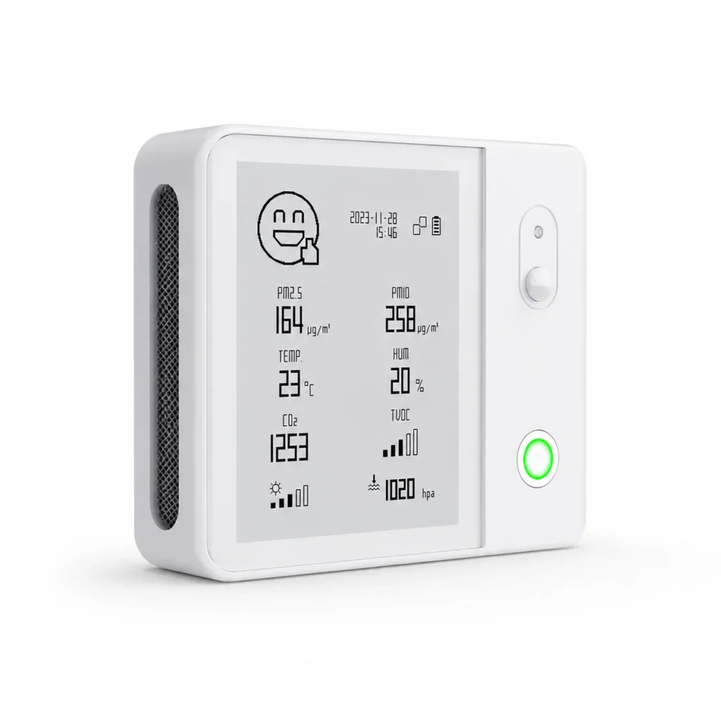 Digital air quality monitor showing data such as PM2.5, PM10, temperature, humidity, CO2, and TVOC levels on its display with a smiley indicator.