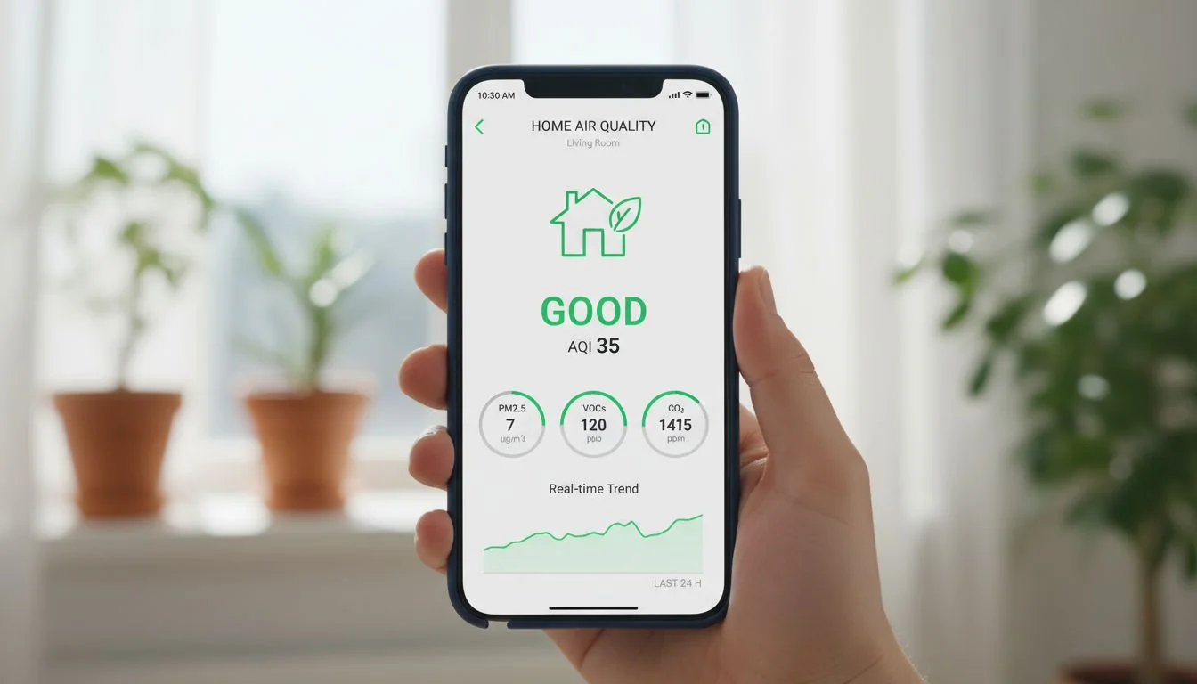 Air Quality Monitoring App Smartphone app showing real-time home air quality data