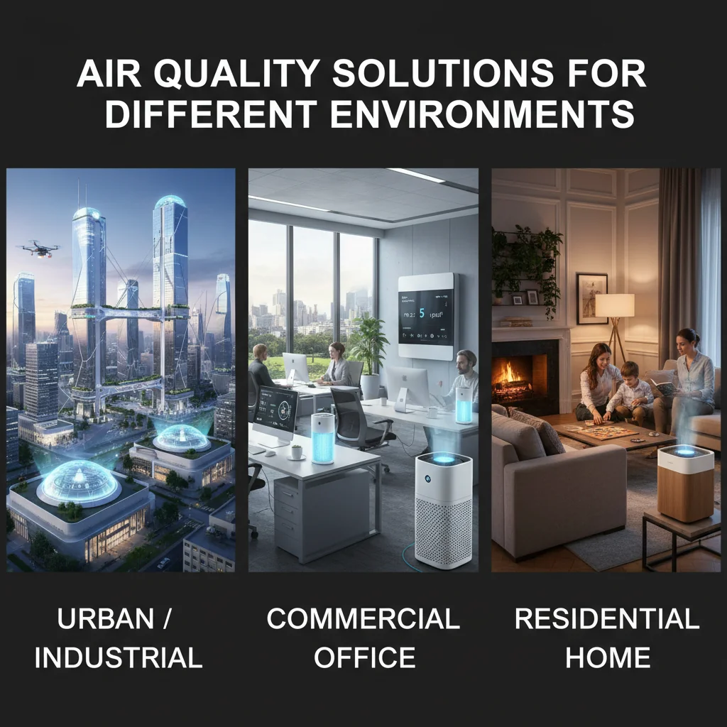 Split image showing a smart city skyline, a modern office interior, and a cozy living room