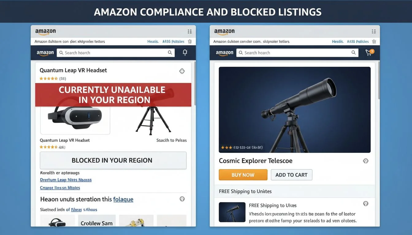 An image of an Amazon product page with a "blocked in your region" message next to one with a "buy now" button.