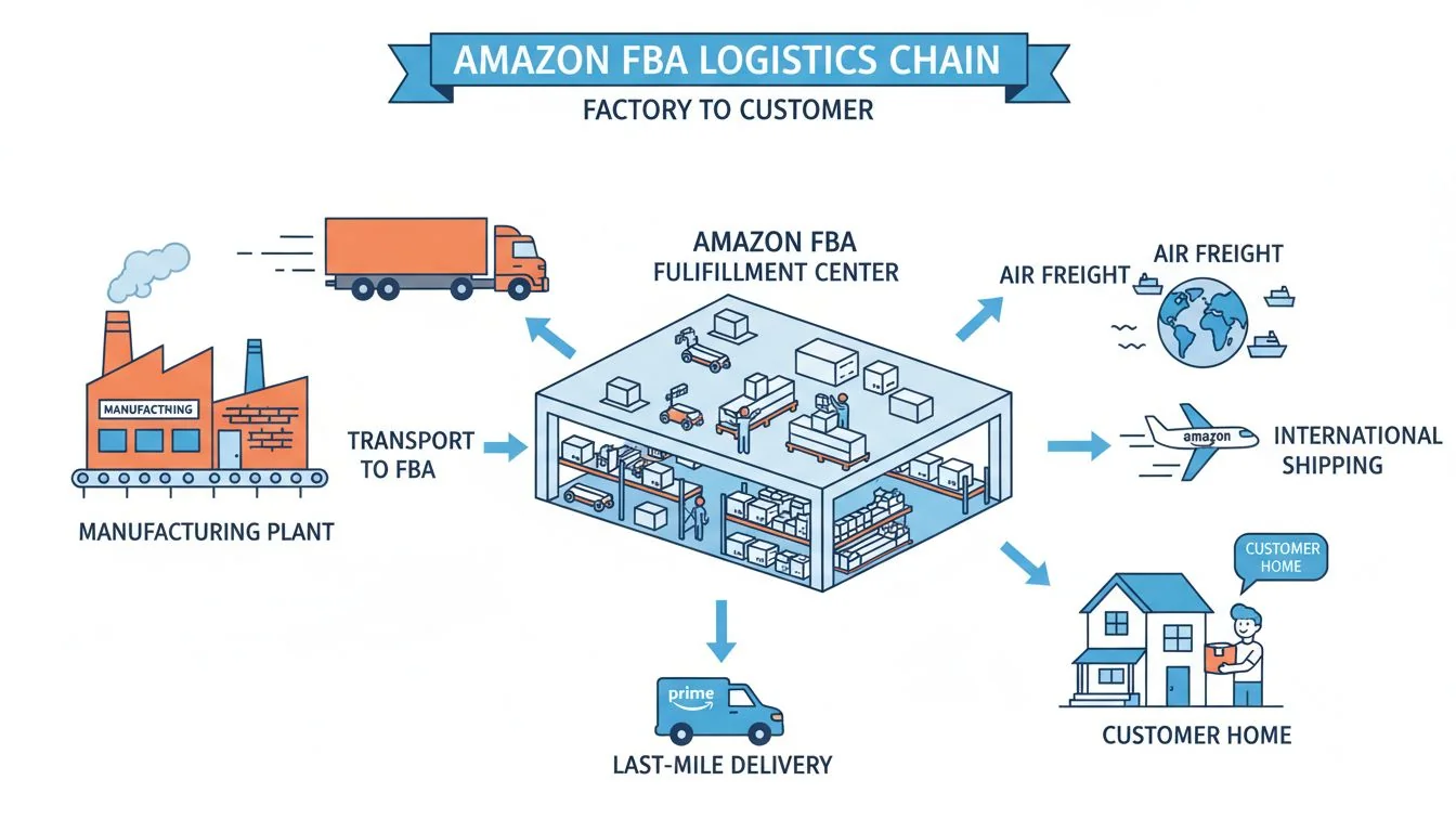 A diagram showing a product moving from a factory to an Amazon FBA warehouse and then to a customer's home.
