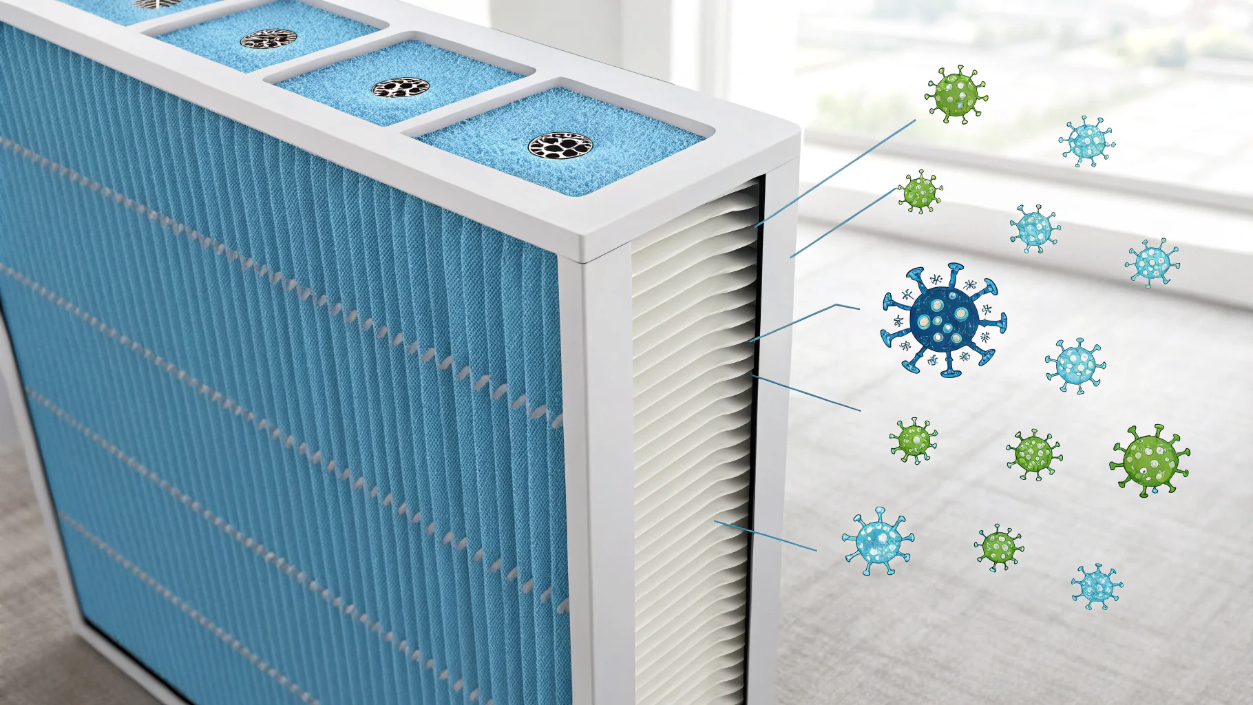 A close-up of an air purifier filter with a blue antimicrobial coating, with a graphic showing mold spores being trapped and neutralized.