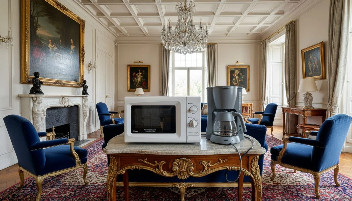 contrast between plastic appliance and luxury furniture