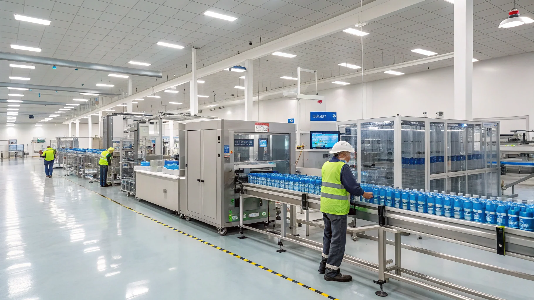 A modern, clean factory floor showing water purifier production lines