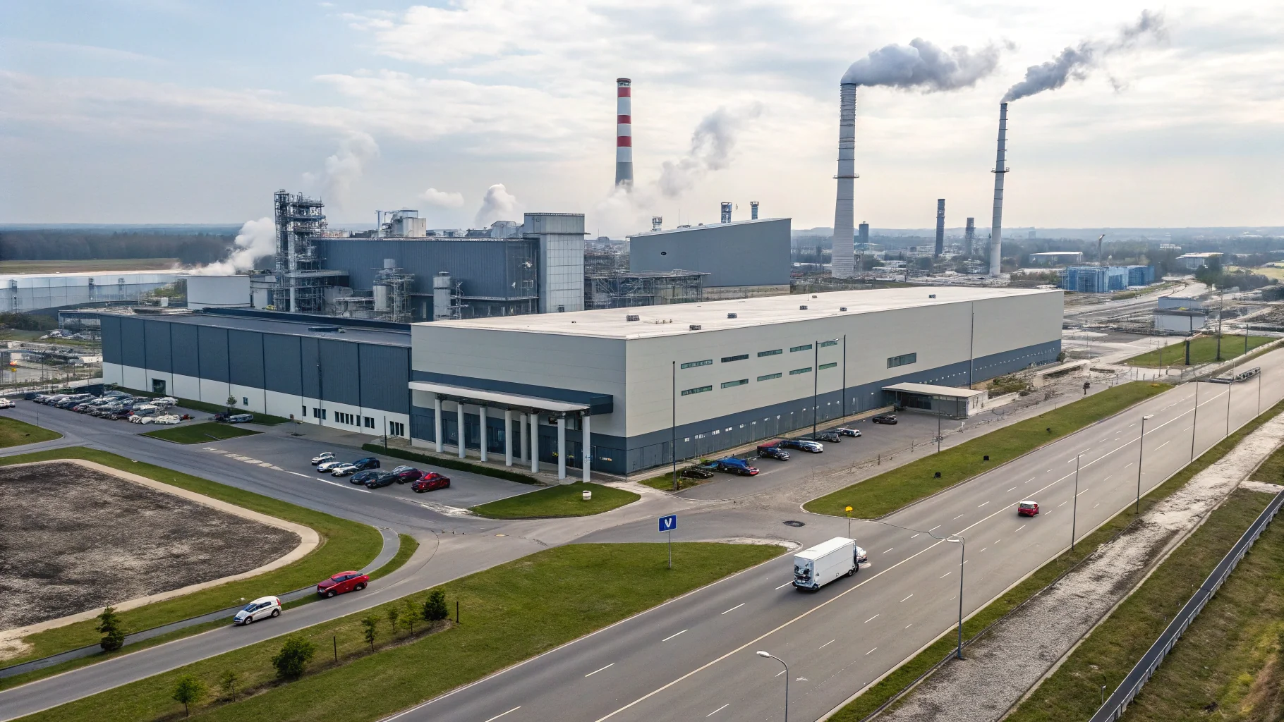 Exterior shot of a large, modern industrial plant