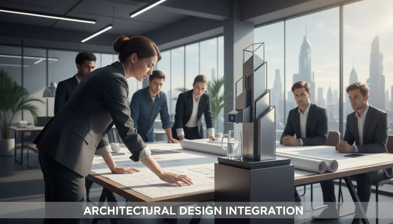 architect reviewing blueprints with a water dispenser model