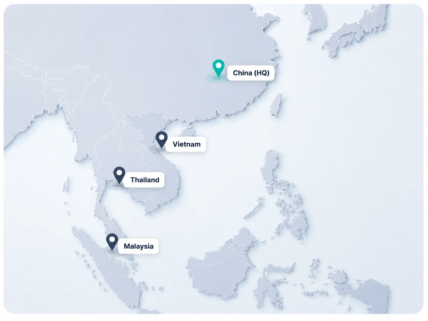 A 3D map of Asia highlighting business locations in China (HQ), Vietnam, Thailand, and Malaysia.