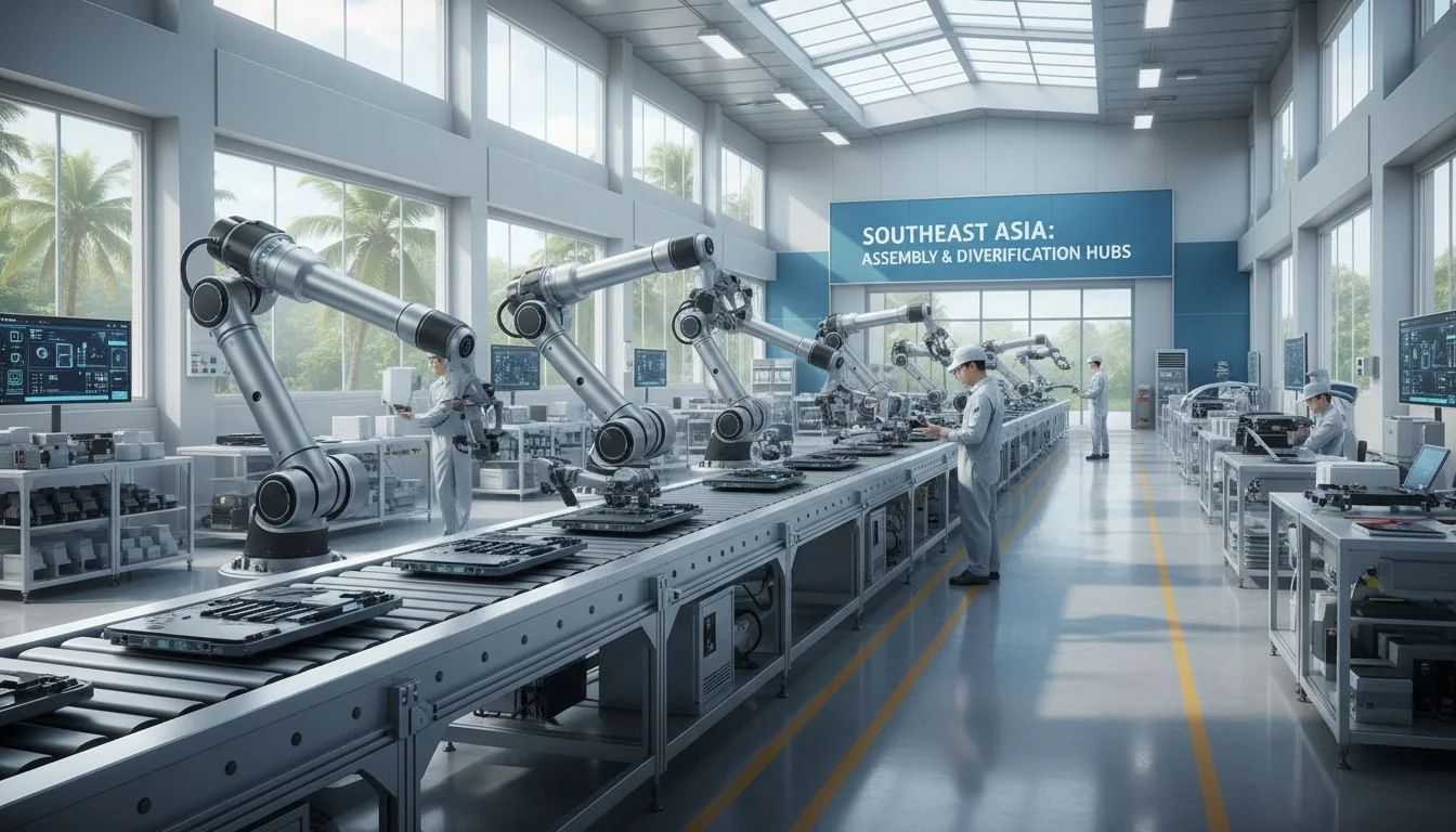 Assembly and Diversification Hubs in Southeast Asia A clean, modern assembly line in a factory in Southeast Asia