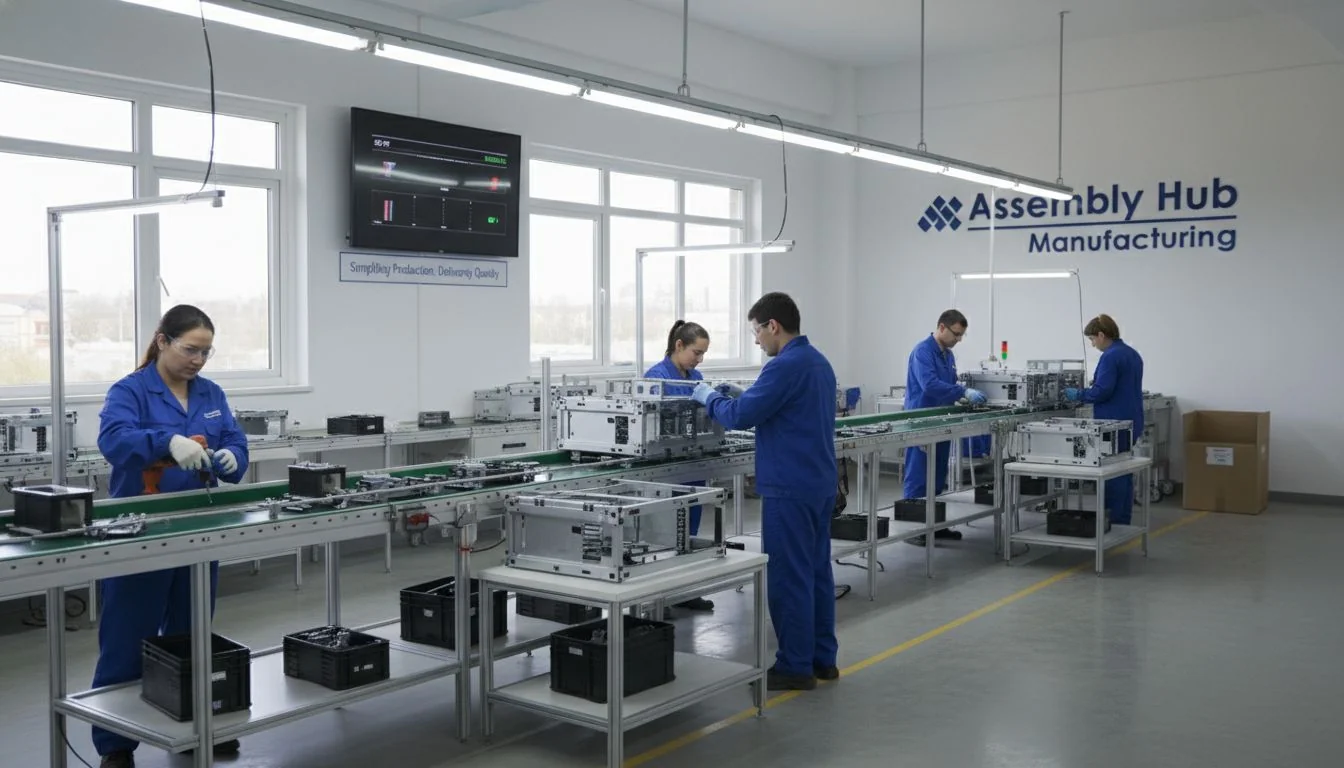Assembly Hub Manufacturing A simple factory assembly line with workers doing basic tasks