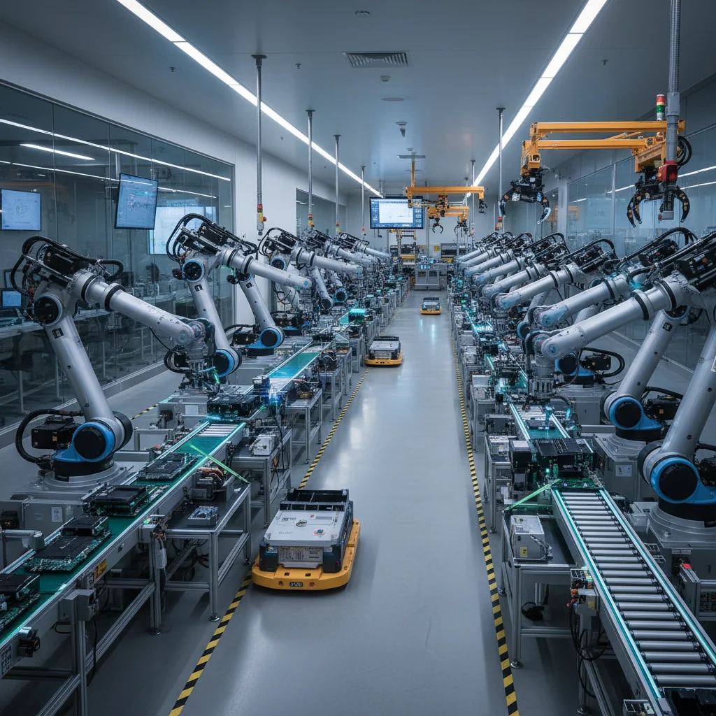 An image of a modern, automated factory floor with robotic arms.