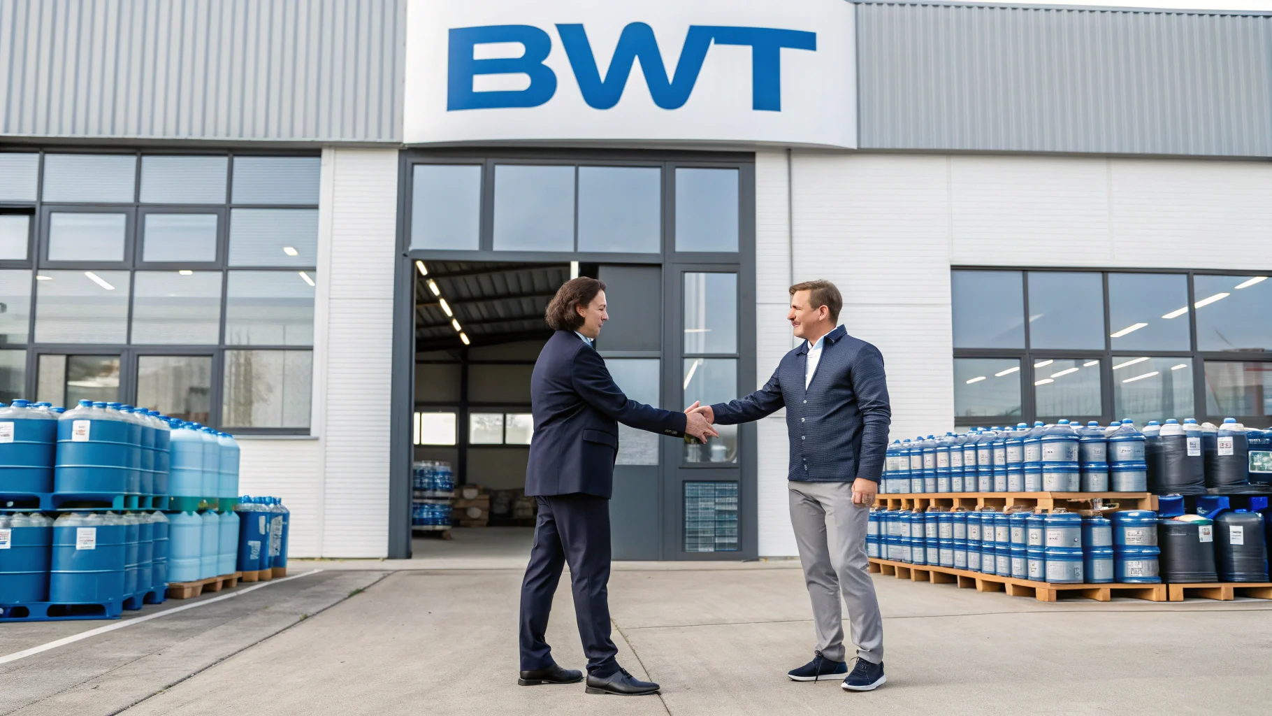 Two business people shaking hands in front of a warehouse of water purifiers