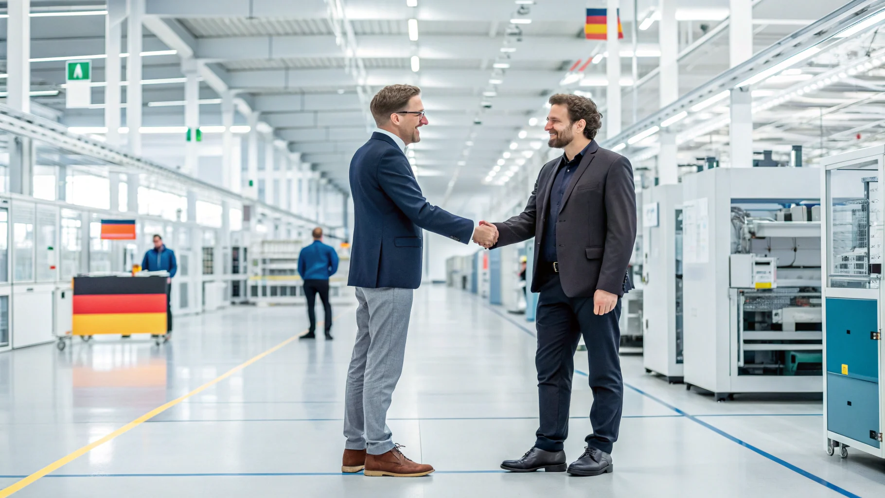 Two business professionals shaking hands in a modern factory setting