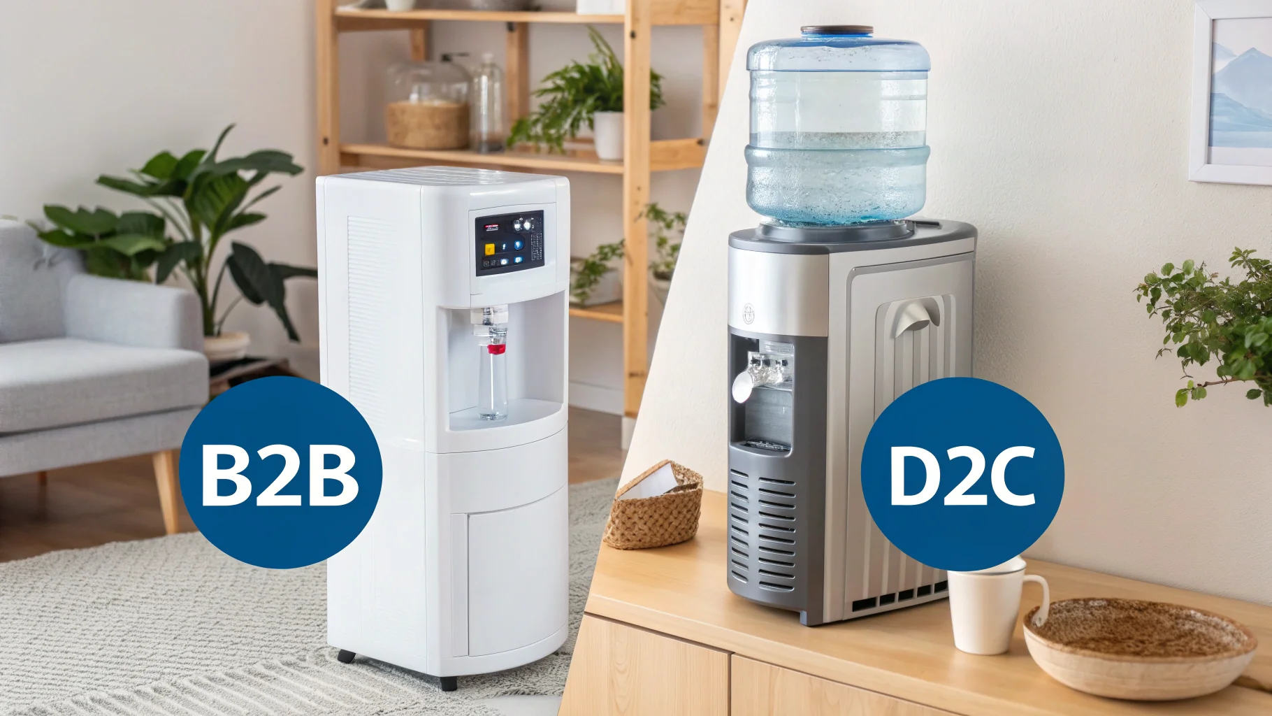A split image showing an office water cooler on one side and a home kitchen water filter jug on the other