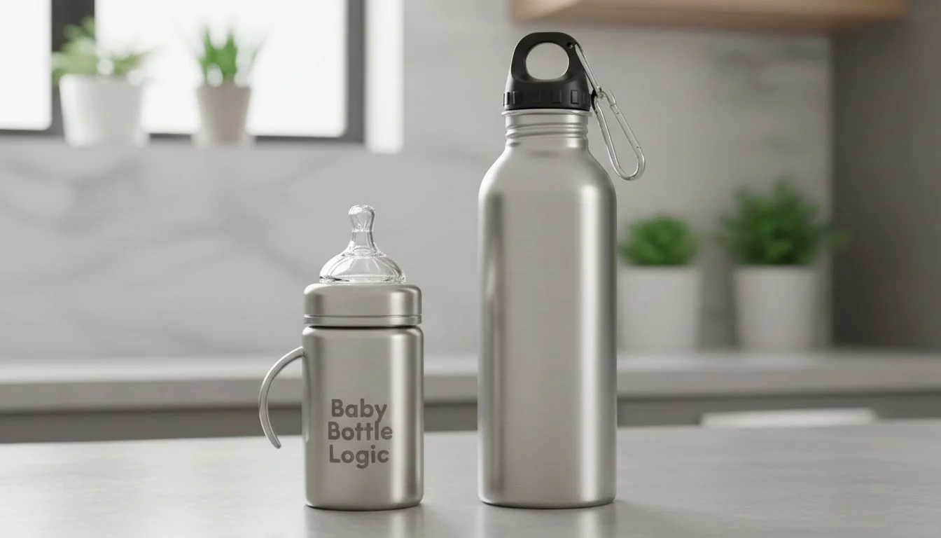stainless steel baby bottle next to adult steel water bottle