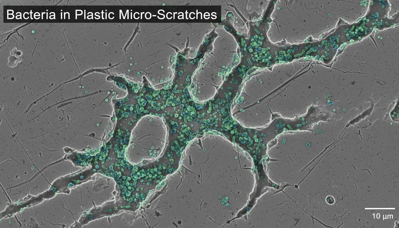 A microscopic image showing bacteria colonies growing inside the micro-scratches of a plastic surface.