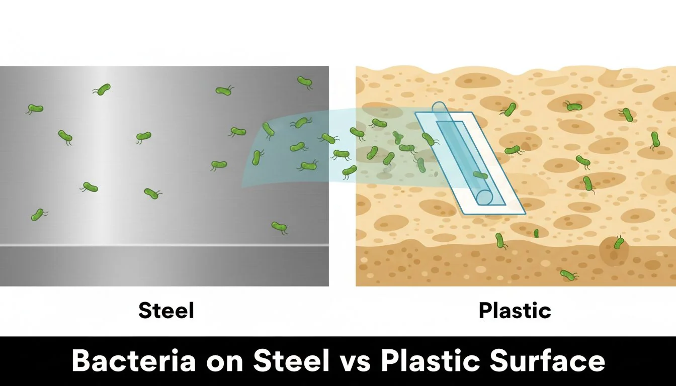 An animation showing bacteria being easily wiped off a smooth steel surface but getting stuck in a porous plastic one.