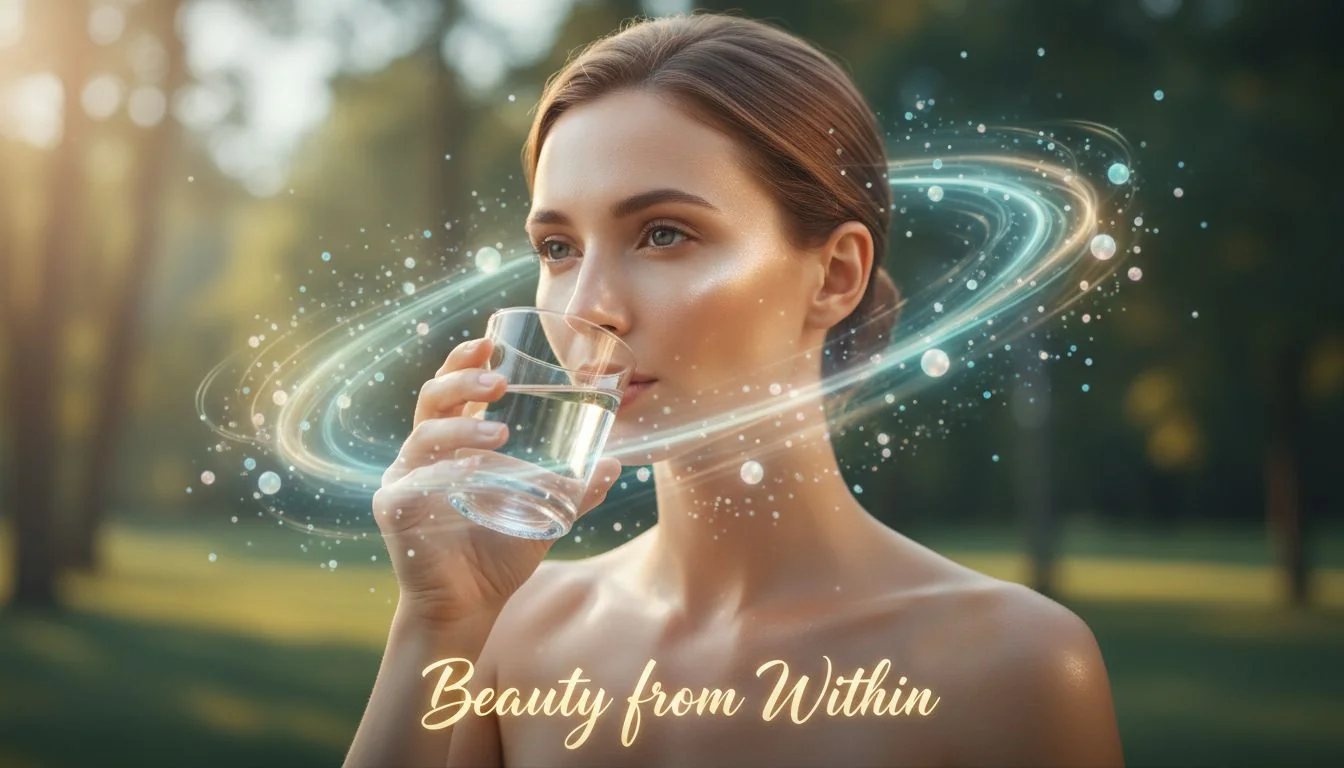 Beauty from Within woman drinking water with glowing skin effect