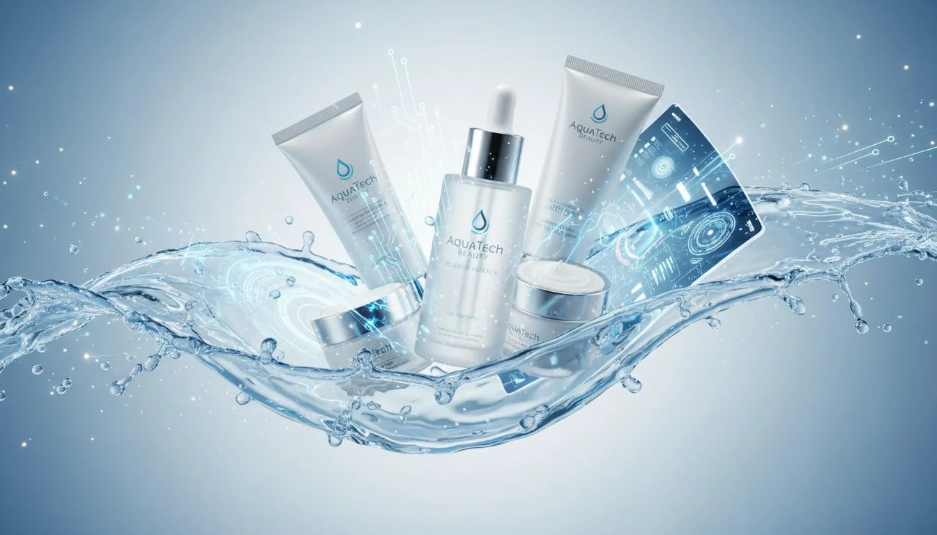 skincare products water splash beauty tech