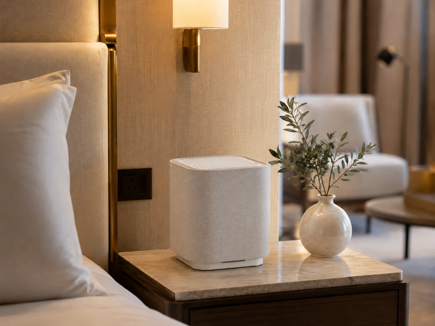 Bedroom air purifier and vase lifestyle scene