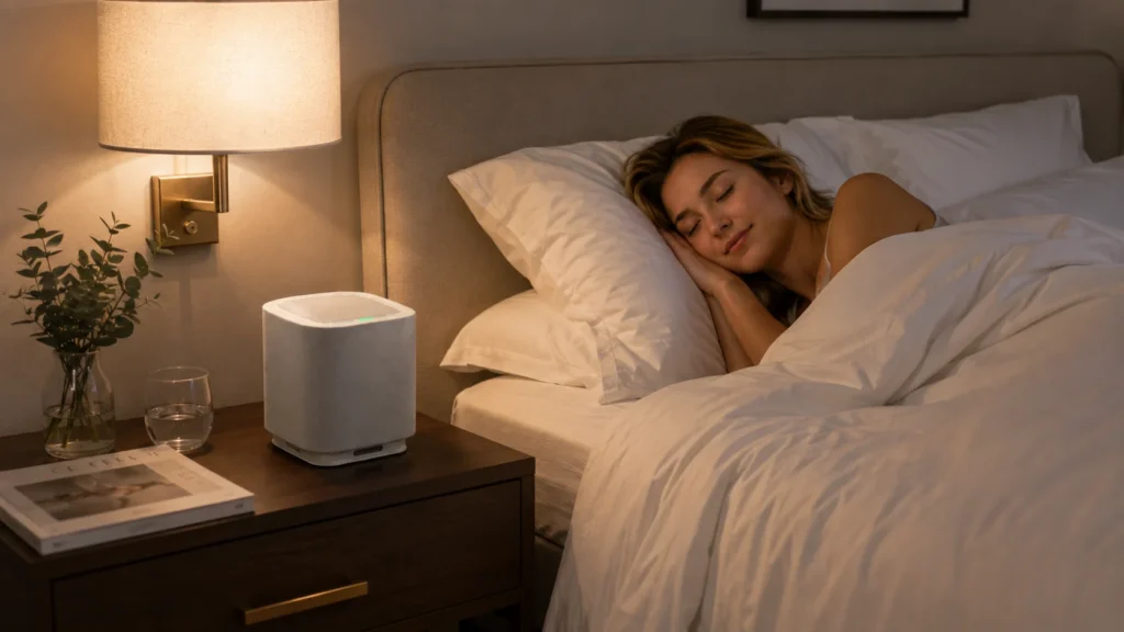 A cozy bedroom scene with a smart speaker placed on a wooden nightstand beside a lamp, a glass of water, and a book. A person lays comfortably in bed.