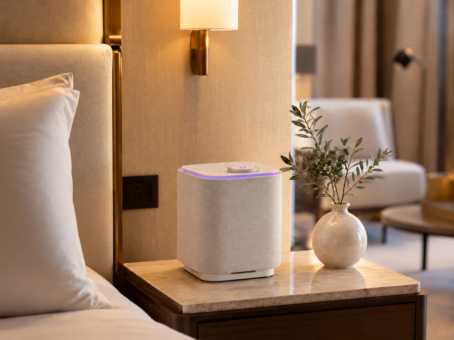 Bedroom air purifier and vase lifestyle scene