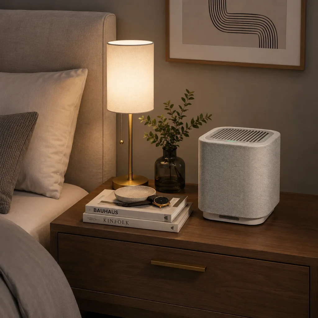 Modern bedside table with a small air purifier, gold lamp, books, and decor. Minimalist bedroom setup with cozy lighting.