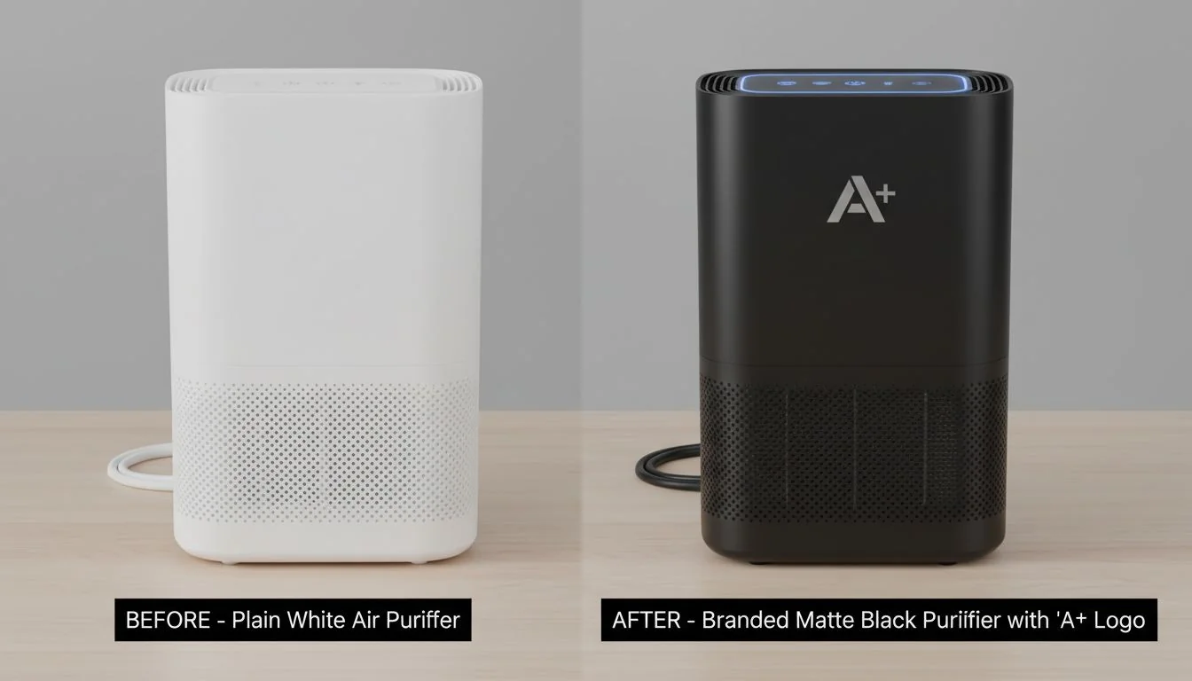 A side-by-side comparison of a plain white air purifier and a branded one in a sleek matte black with a custom logo.