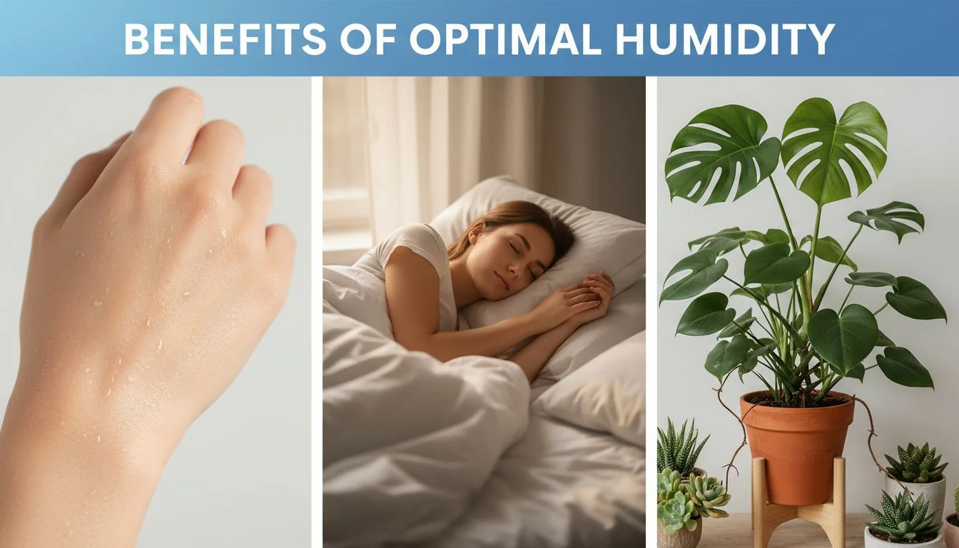 Benefits of Optimal Humidity Split image showing hydrated skin, a person sleeping soundly, and a thriving houseplant.