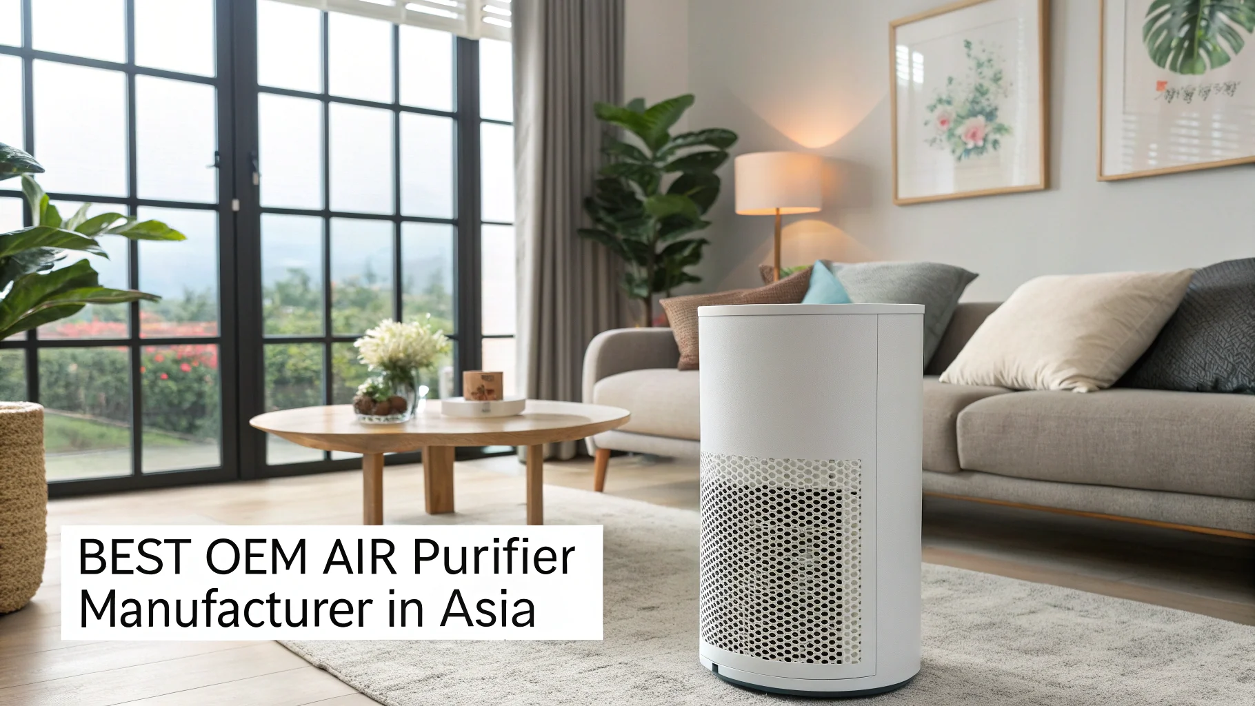 A modern and sleek air purifier in a well-designed living room