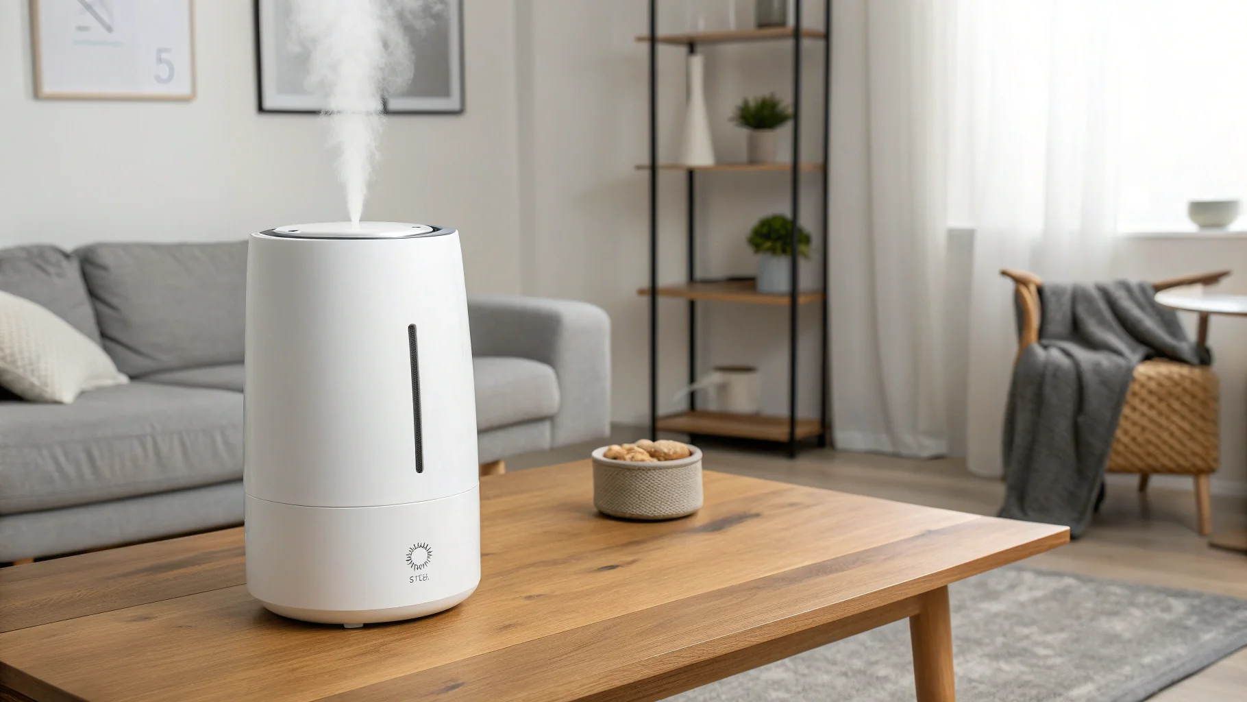 A sleek, modern white humidifier on a wooden table in a minimalist living room.