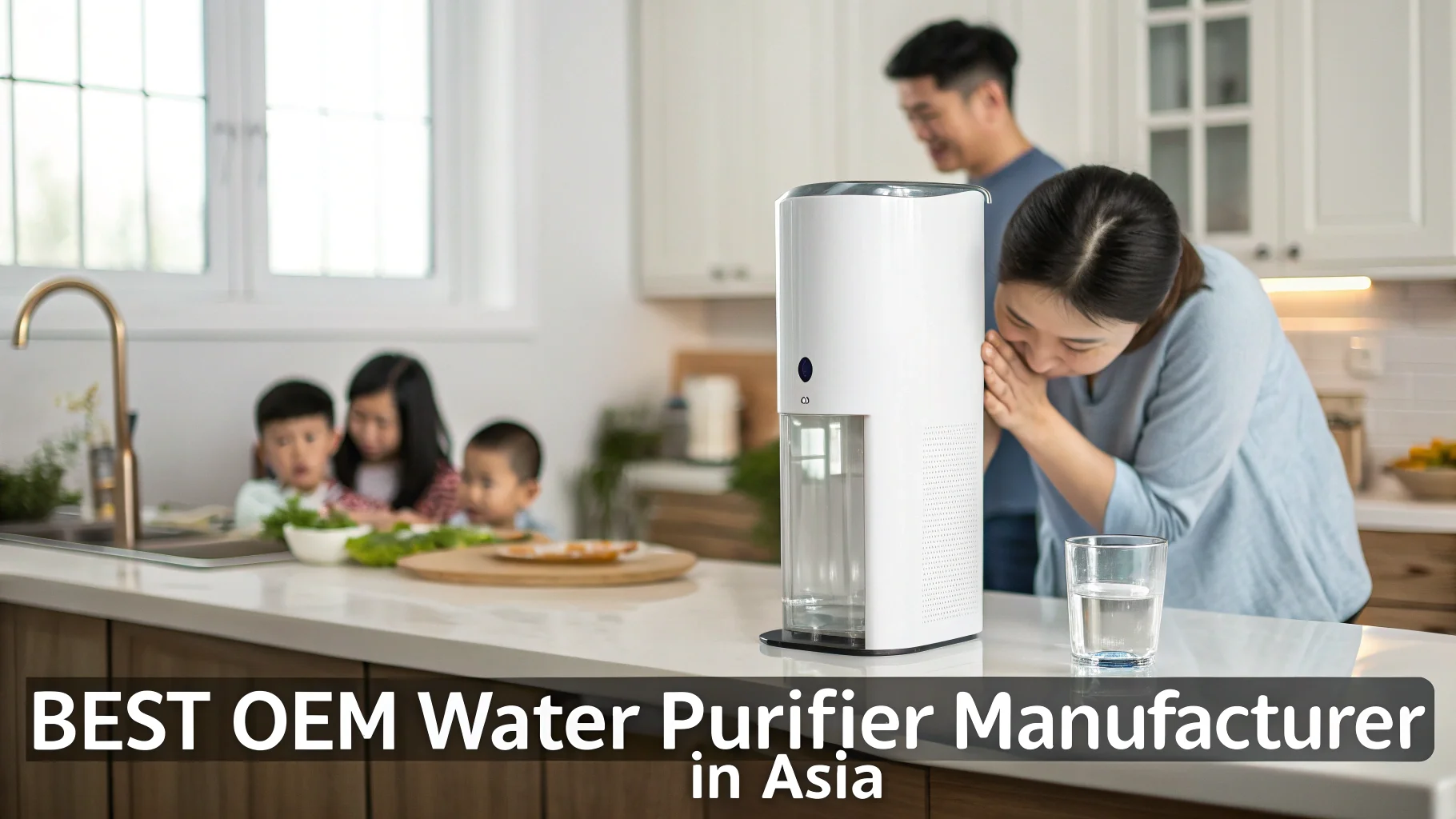 A modern and sleek water purifier on a kitchen counter, with a family in the background.