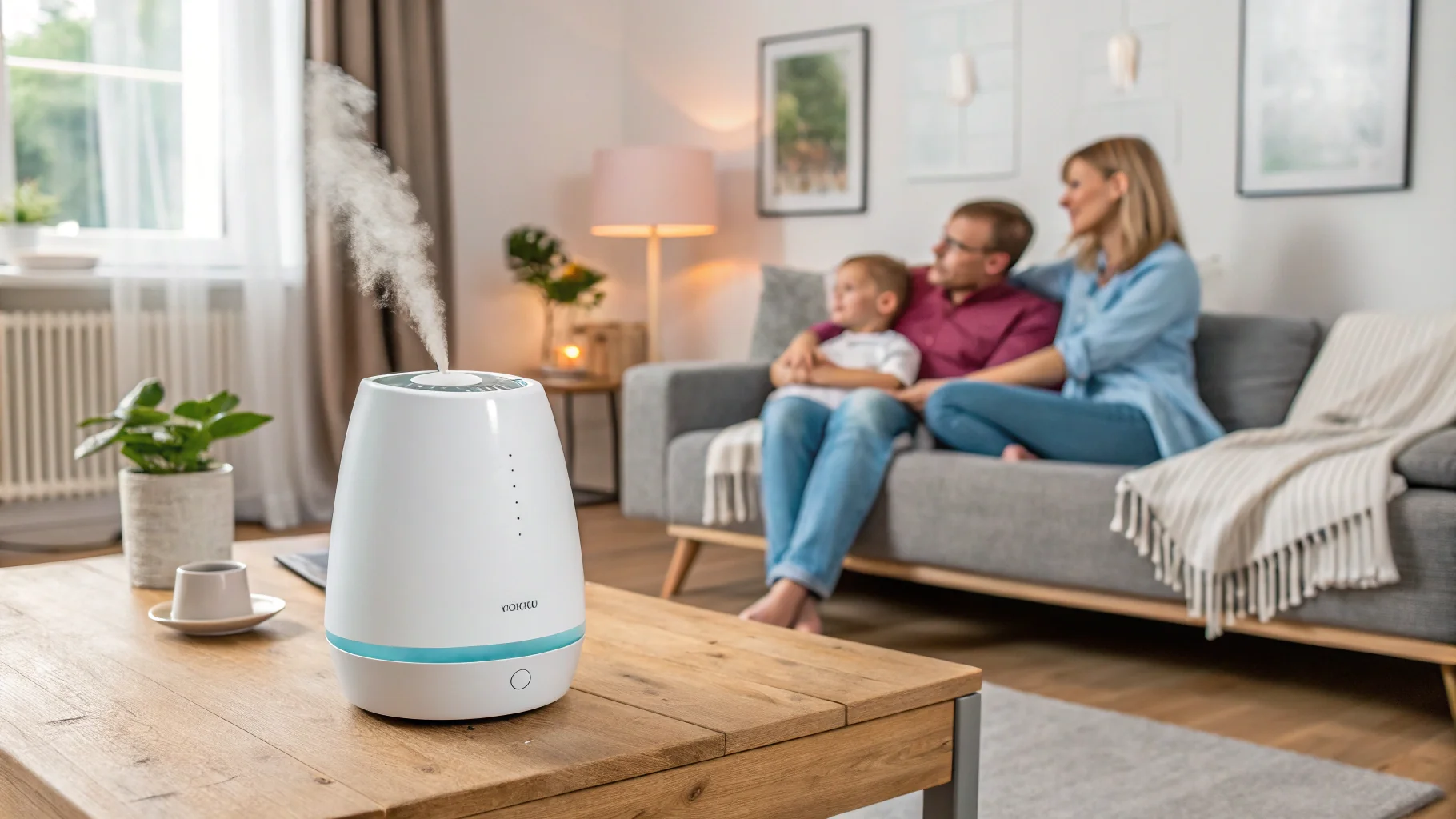 A family using a Beurer humidifier in their living room