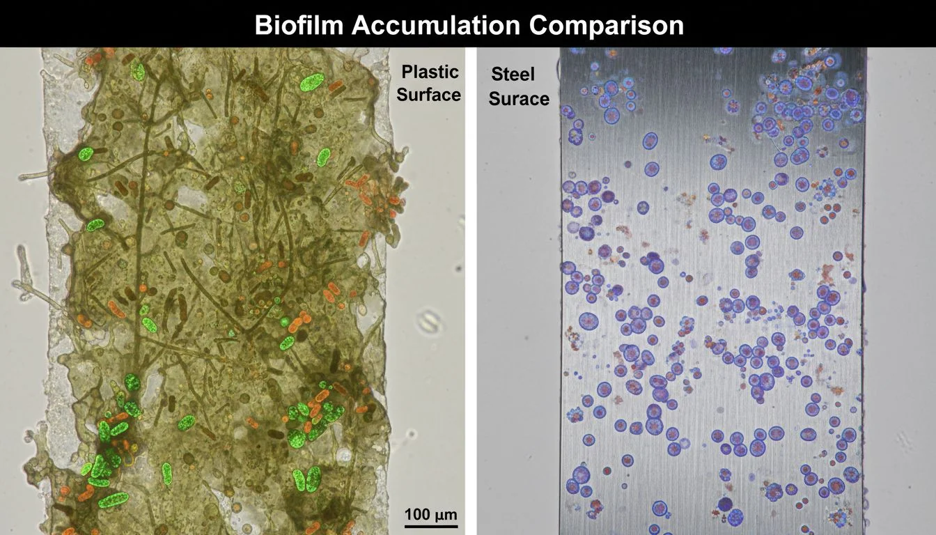 Biofilm Accumulation Comparison microscopic view of biofilm on plastic vs steel