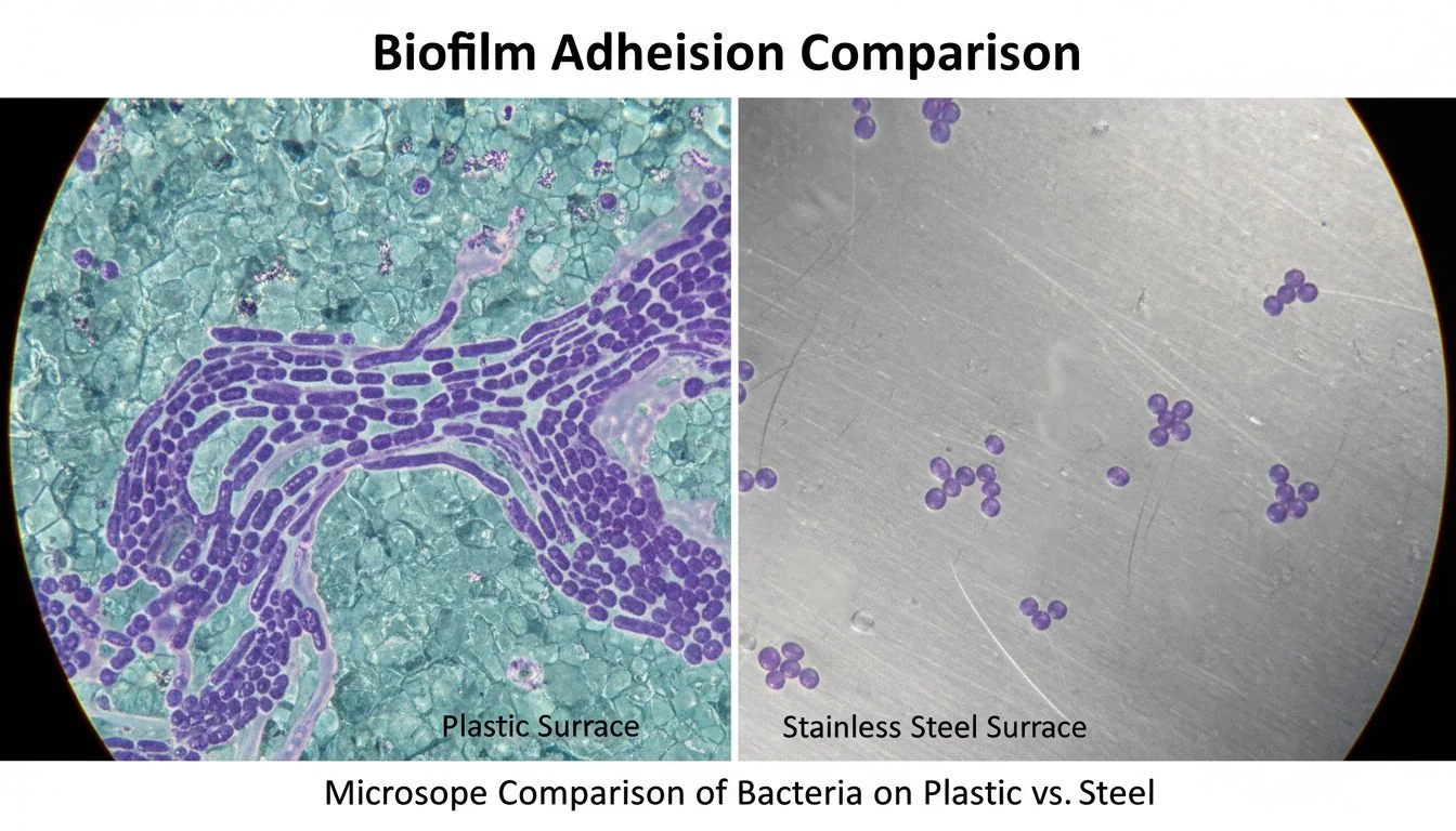 microscope comparison of bacteria on plastic vs steel